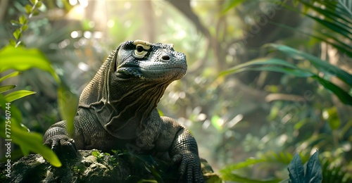 Majestic Komodo dragon poised in its natural habitat  amidst lush greenery  with soft focus background