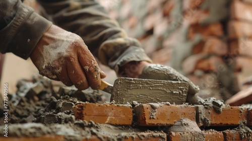 Close-up of a man's hand applying cement mortar to a brick with a spatula, construction site