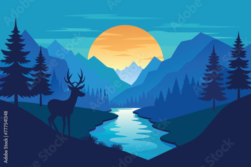 River among pine mountains at blue sunset. Wild deer silhouette. Water reflection. Peaceful landscape vector illustration photo