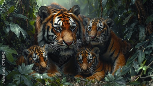 tiger cubs and mother in the wild nature habitat © taraskobryn