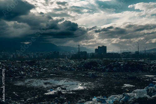 Polluted landscape with garbage dumpsite overshadowing city skyline. Environment ecology problems