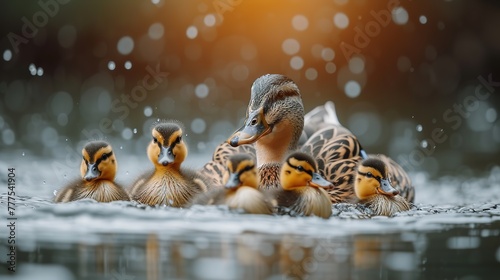 Wild Mother duck with her ducklings on the water 