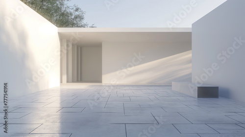 Sun rays create a geometric pattern of light and shadow on the courtyard floor of a minimalist building © Mars0hod