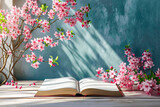 Book is in front of branch with pink flowers partially open revealing its pages.