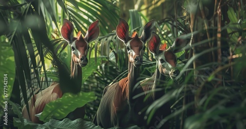 3 okapi in the jungle, somewhat hidden behind the leaves. red/brown fur, landscape, cinematic photo