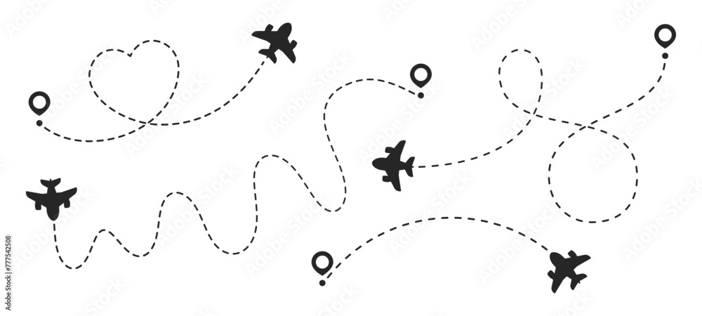 Simple airplane travel line path with map pins. Airplane dashed route path. Plane journey, romantic travel, business element, and plane routes vector illustration isolated on white background Simple airplane travel line path with map pins. Airplane dashed route path. Plane journey, romantic travel, business element, and plane routes vector illustration isolated on white background