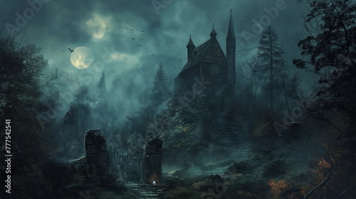 Dark ominous castle stands tall among the dense trees of a forest, creating a mysterious and eerie atmosphere © Mars0hod