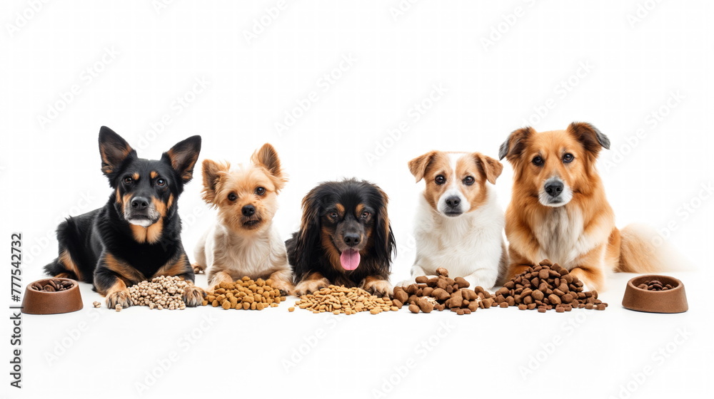 Five dogs of various sizes and breeds sit obediently in a row with bowls of kibble in front
