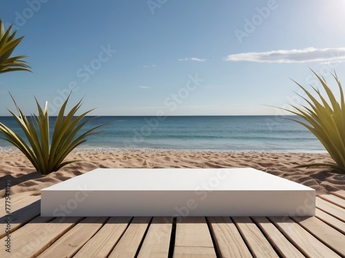 3D podium beach theme background for product presentation. © stu-khaii.lnnl