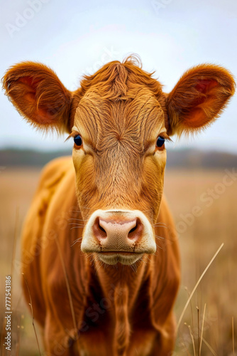 Close up of brown cow with white patch on its face and large tufts of hair sticking out from either side of its ears.