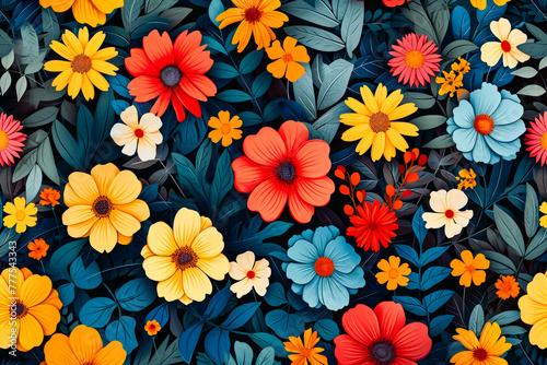Flowery background featuring mix of red orange yellow and blue flowers.