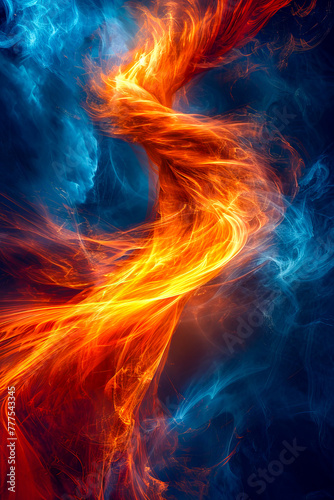 Blue and orange swirling pattern with yellow center resembling flame.