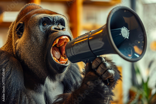 Gorilla is holding megaphone and appears to be shouting into it.