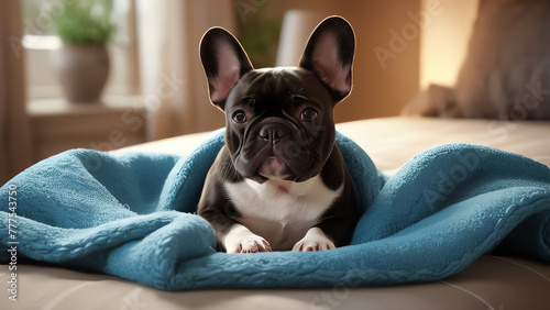 Realistic cute little fat black French bulldog using a blue blanket on a bed in a comfortable bedroom background