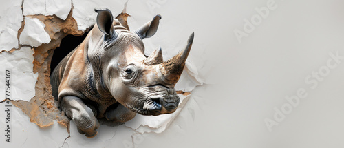 The image creative captures a realistic rhino as it appears to tear through white paper, a metaphor for breaking barriers