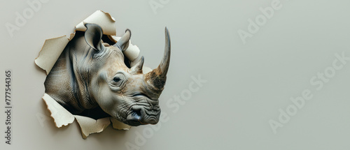 This visually stunning artwork features a 3D rhino seeming to burst through a cracked grey wall, symbolizing persistence