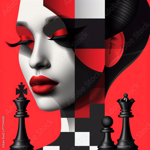 Chess queen with chess pawns on red background.