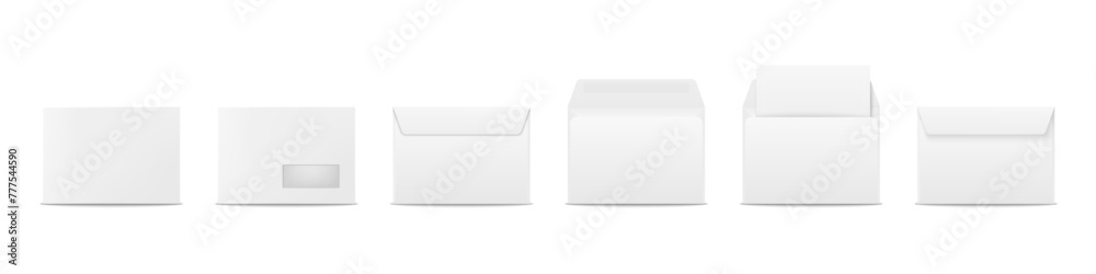 Vector White Envelopes with Blank Letter. Folded, Unfolded Isolated Envelope Set. Design Template. Message, Notification, Mailing, Surprise and Congratulations Concept Vector White Envelopes with Blank Letter. Folded, Unfolded Isolated Envelope Set. Design Template. Message, Notification, Mailing, Surprise and Congratulations Concept