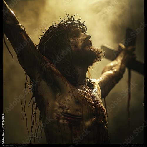 Intense portrayal of a crucifixion scene with a figure bearing a crown of thorns in golden light. 
