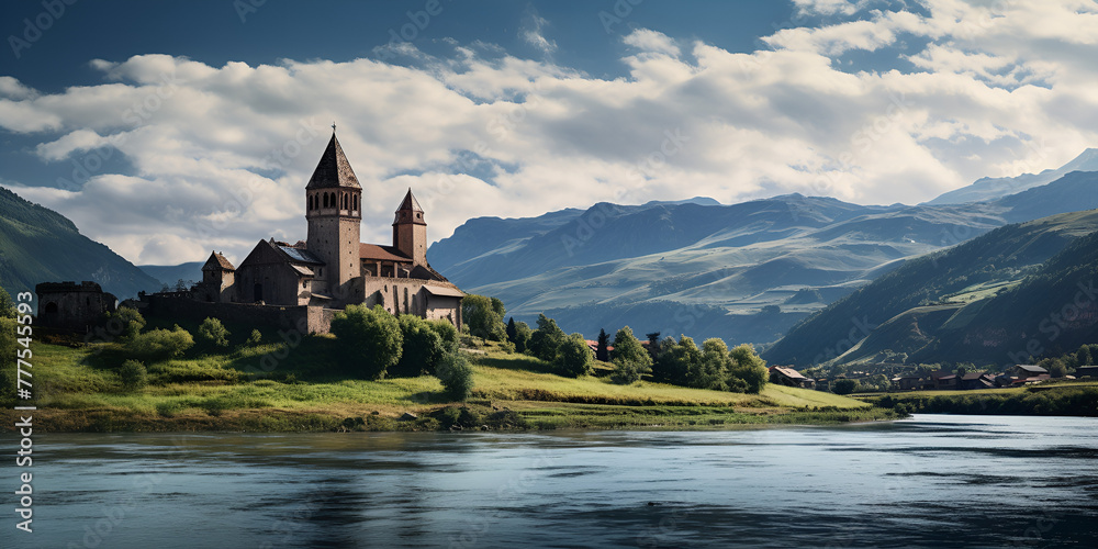 church in the mountains, Landscape with castle and clouds lake, 

