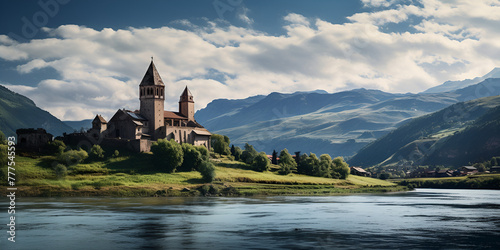 church in the mountains, Landscape with castle and clouds lake, 
 photo
