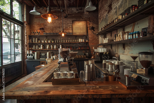 Espresso machines feature prominently in the interior of a vintage café