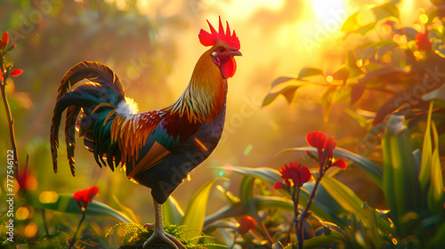 Majestic rooster crowing at dawn, framed against a vibrant sunrise, with lush greenery in the blurred background