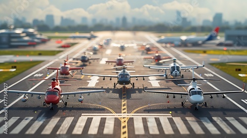 an aerial perspective of a diverse fleet of aircraft, including helicopters, propeller planes, and jets, taking off from a busy airport runway attractive look