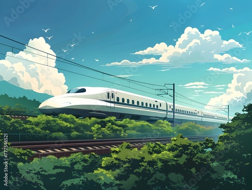 High Speed Shinkansen Bullet Train Slicing Through Lush Countryside with Efficiency in Motion