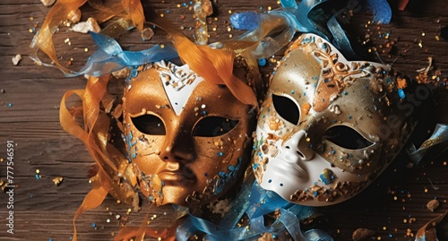 A couple of golden and dark blue Mardi Gras carnival medieval masks displayed on a wooden surface table. Generative AI.