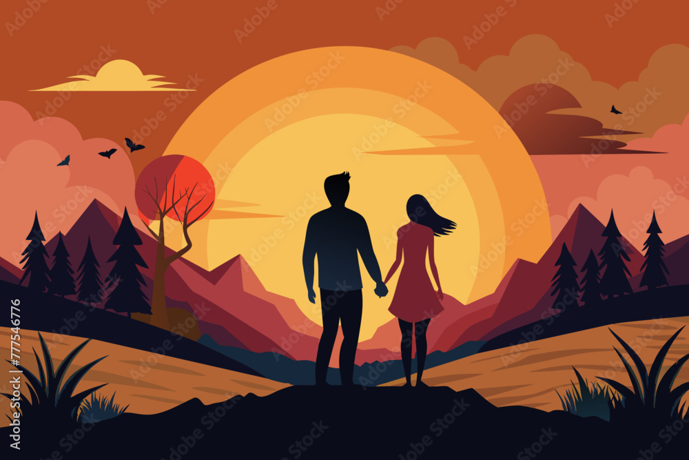 Two lovers holding hands in silhouette. There will be sun and landscape in the background