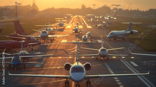 an aerial perspective of a diverse fleet of aircraft, including helicopters, propeller planes, and jets, taking off from a busy airport runway attractive look photo