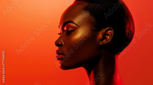 Fashion portrait of a beautiful African-America woman in profile, light makeup on solid color background.