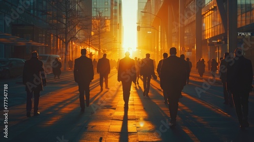 Backlit silhouette of city commuters walking on a busy urban street against the sunrise or sunset. 