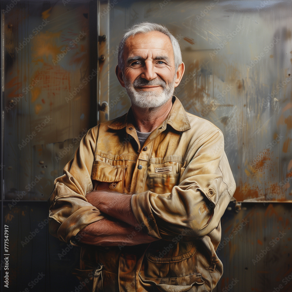 Obraz premium Smiling Experienced Engineer, Proud Professional in Workwear, Industrial Environment Portrait