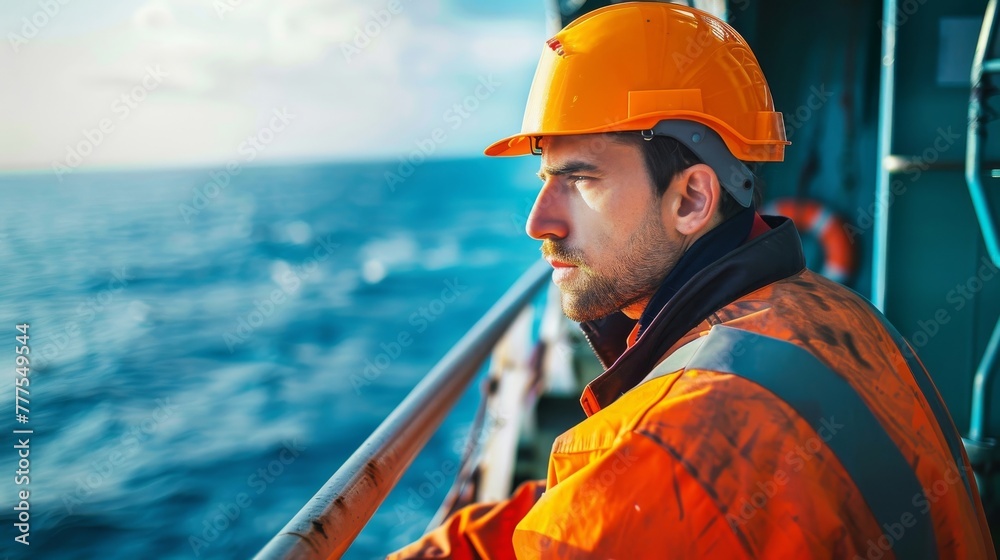 Focused ship captain overlooking the sea in vibrant safety gear Focused ship captain overlooking the sea in vibrant safety gear