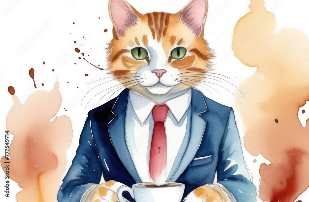 watercolor drawing of a cat with a cup of coffee in its paws and in a business suit watercolor drawing of a cat with a cup of coffee in its paws and in a business suit