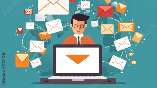 Cartoon illustration of a businessman working on a laptop with flying email icons, symbolizing online communication and email marketing concept