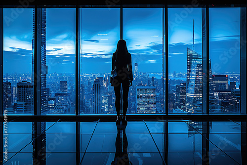 Woman stands by a window, looking out at city lights, in thought, a moment of introspection and inner exploration. photo