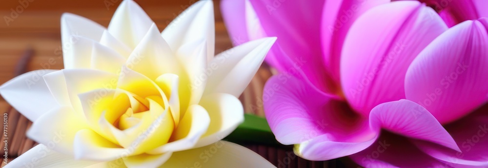 Fototapeta premium Banner, massage, light background, beautiful flowers, place for text