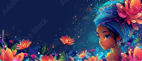 Animated jinn kid, colorful turban, side float, enchanted garden, vibrant flowers, playful gaze, magic sparkles , clip art, 8K , high-resolution, ultra HD,up32K HD photo