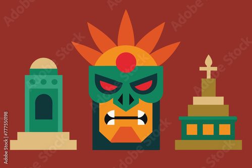 Vector design of Angry face mask icon cartoon vector. Aztec altar. Statue ancient