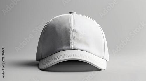 A single white baseball cap sample is placed on a simple light grey background. © Anthony