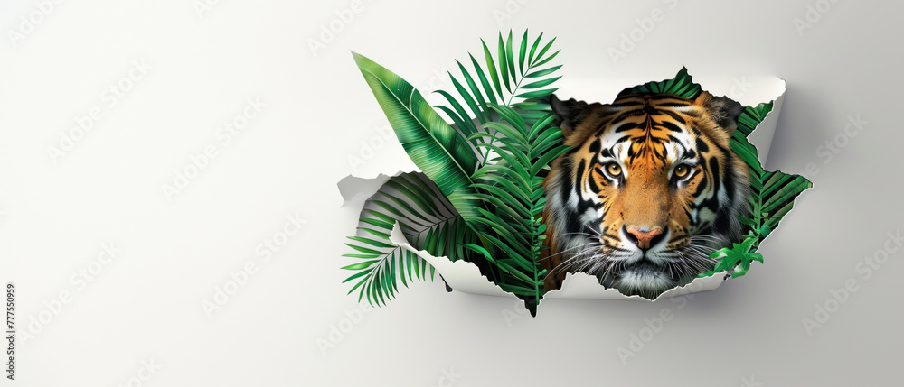 Vibrantly colored tiger head breaks out from a paper canvas among tropical leaves