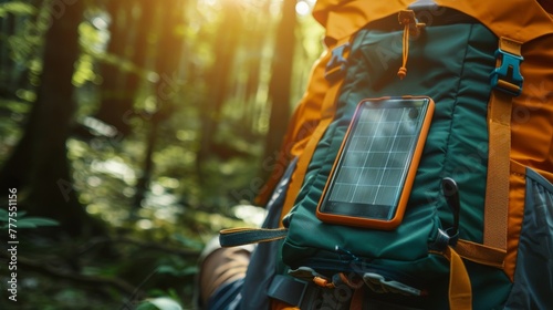 Eco-friendly hiking with portable solar panel attached to backpack in the forest