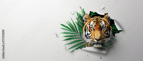 A visually entrancing tiger fiercely emerges from a torn white plane among vivid tropical leaves