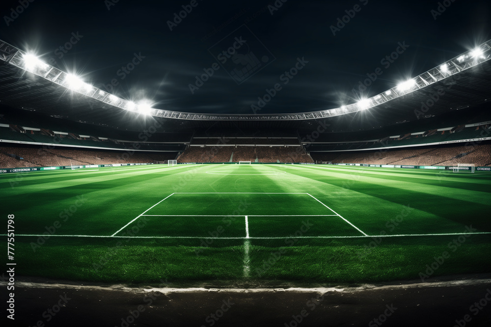 A soccer stadium with a green field and a sky background A soccer stadium with a green field and a sky background