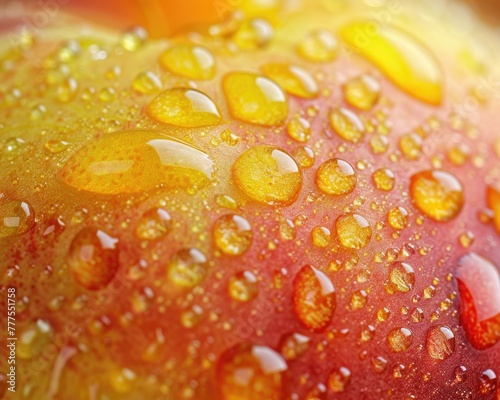 Detailed texture of a ripe peach with droplets of juice on its surface