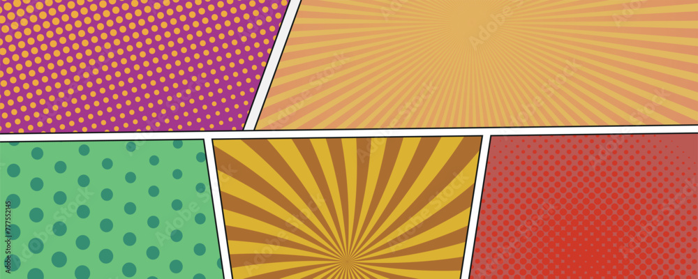 Colorful comic book background.Blank white speech bubbles of different shapes. Rays, radial, halftone, dotted effects.