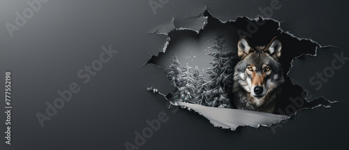 Stark image of a lone wolf bursting through dark paper, enveloped by a snow-dusted forest, symbolizing defiance